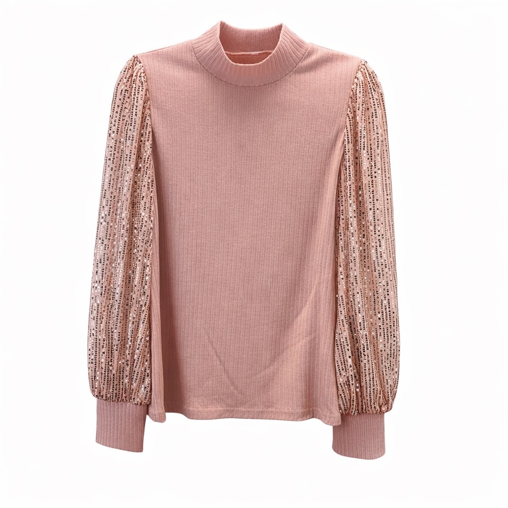 Boutique Blush Ribbed Mock Neck Top Sheer Sequin Puff Sleeves L NWOT